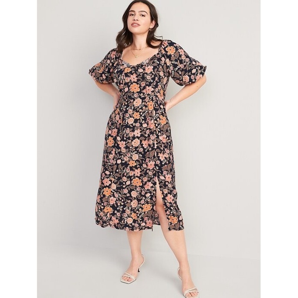 Old Navy Floral Puff Sleeve Pintucked Smocked Midi Swing Dress Large Cottagecore